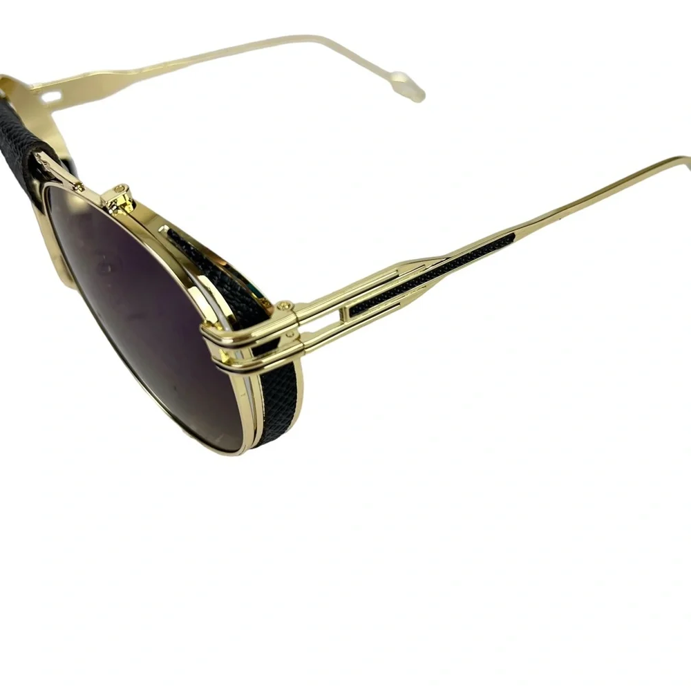 AVIATOR Gold Metal Frame Blue Purple Lense Faux Leather Black Trim Sunglasses - Picture 2 of 15